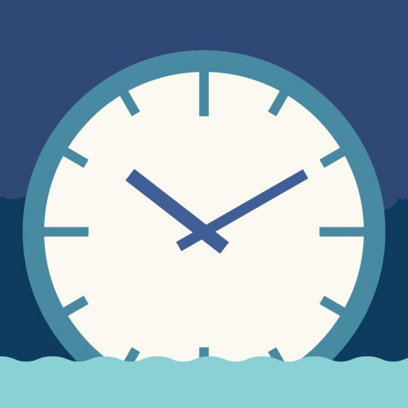 Graphic of a clock floating in floodwater