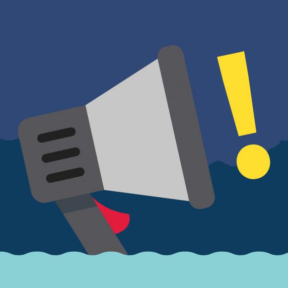 Graphic of a megaphone making an announcement and floating in floodwater