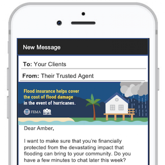 Mobile phone showing an outgoing email from an insurance agent to clients with information about the benefits of flood insurance