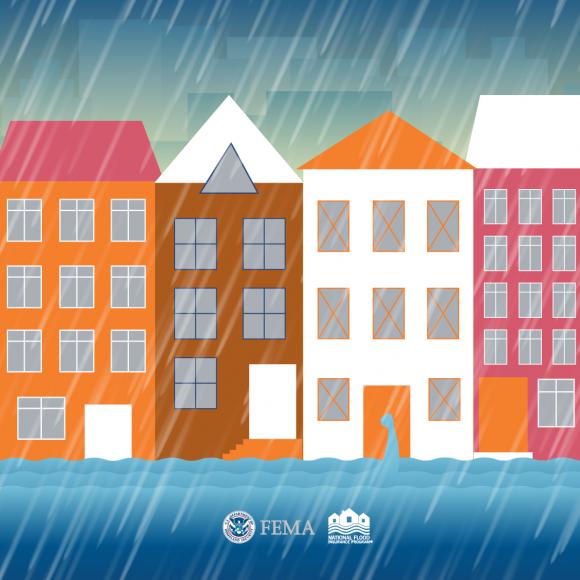 buildings and homes are impacted by floodwater from a river 
