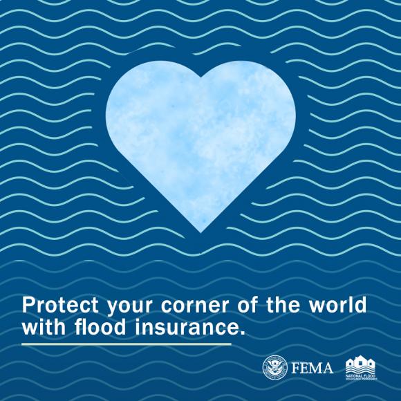blue heart with blue wave background, protect your corner of the world with flood insurance