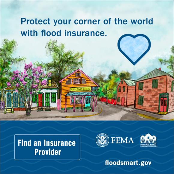blue heart above Louisiana houses with protect your corner of the world with flood insurance text in the sky