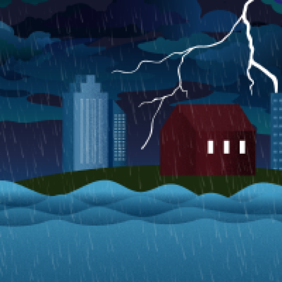 House in city suburbs near flooding river during thunderstorm