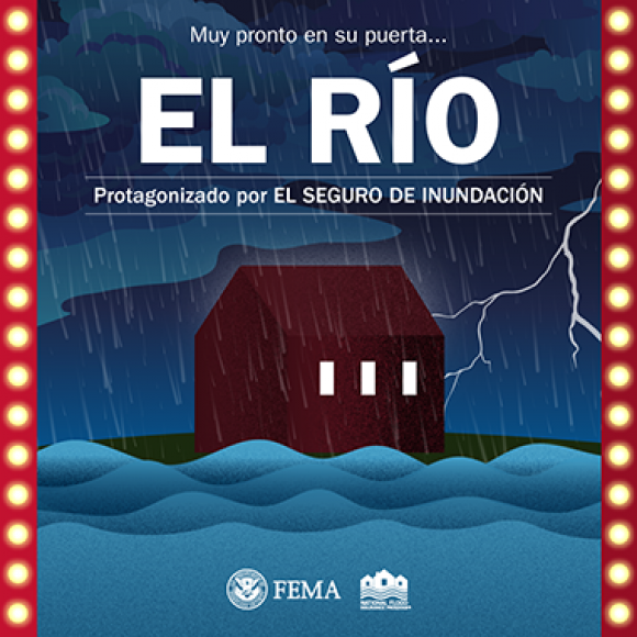 Río inundando una casa durante una tormenta. Texto: Muy pronto en su puerta... El Rio. Protagonizado por EL SEGURA DE INUNDACION.