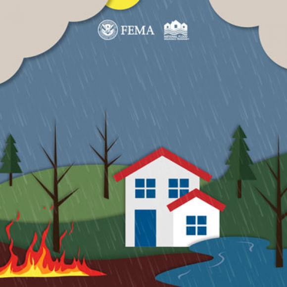 Country home flooding during a wildfire