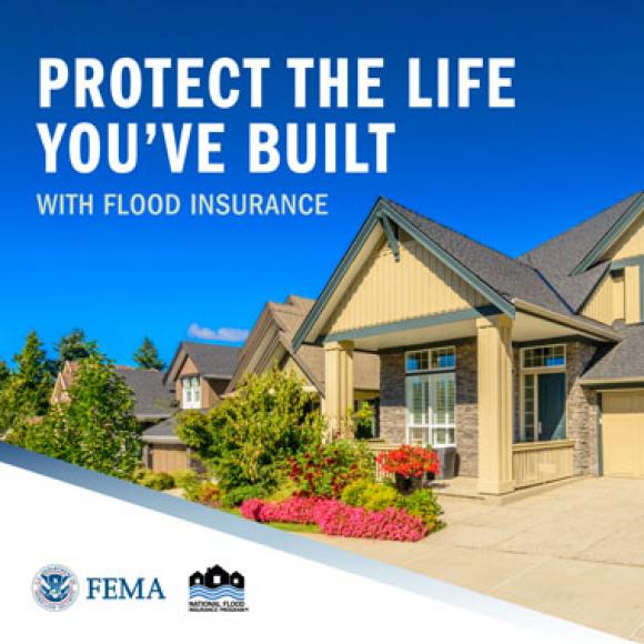 Tree-lined suburban street with clear skies. Text: Protect the life you've built with flood insurance