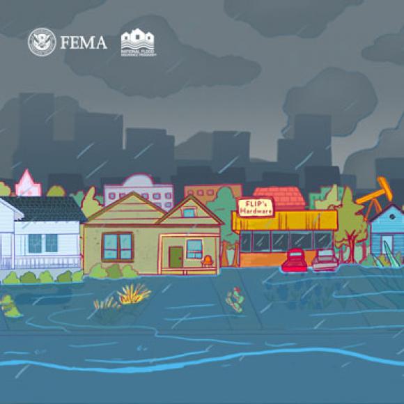 Flooded suburban neighborhood with high rises silhouetted in the background, underneath a rainstorm
