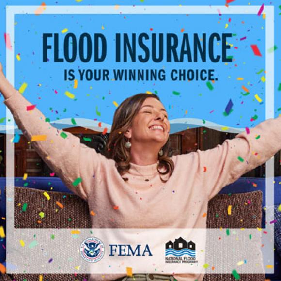 Woman celebrating, arms raised, while confetti falls. Text: Flood insurance is your winning choice