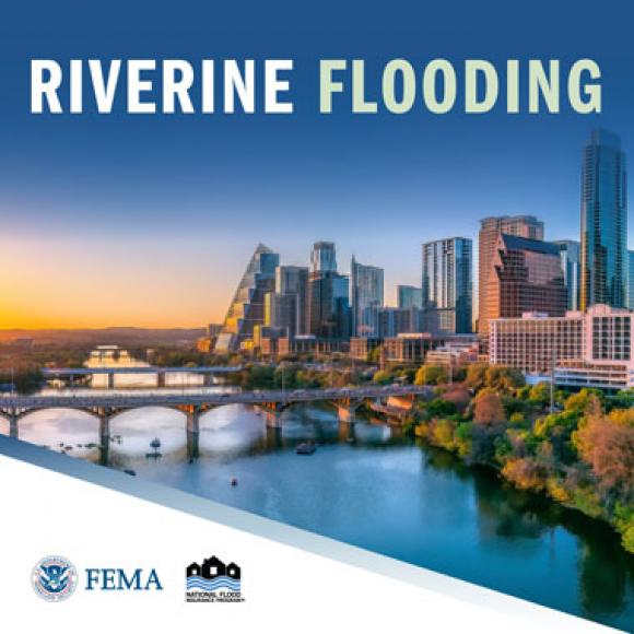 Tree-lined river next to high rise city. Text: Riverine flooding