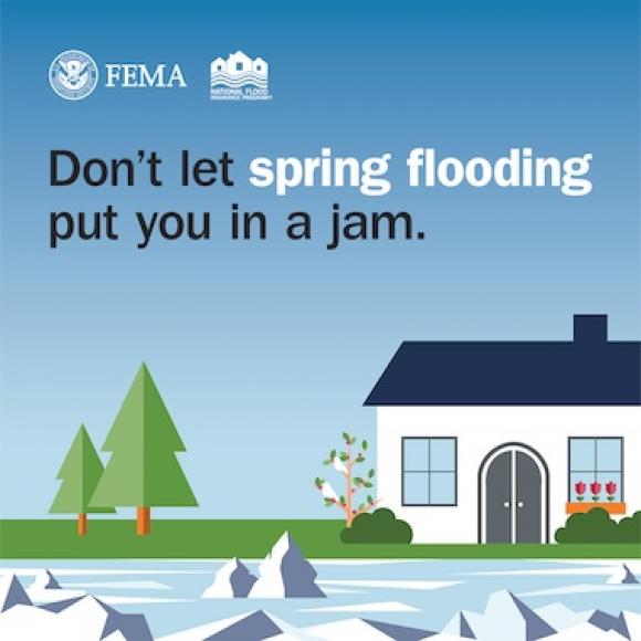 House near river full of rocks and ice. Text: Don't let spring flooding put you in a jam