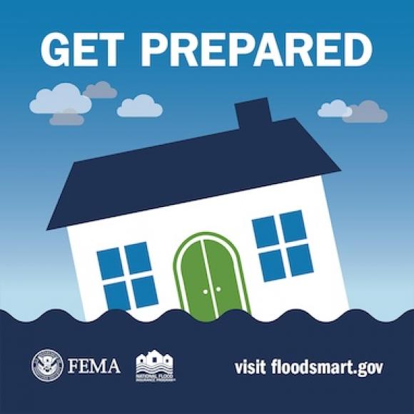 House capsizing into flood water. Text: Get prepared