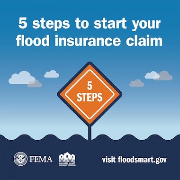 Yellow diamond sign in flood water. Text: 5 steps to start your flood insurance claim