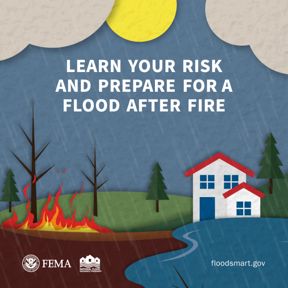 House in the country, flooding during a wildfire. Text: Learn Your Risk and Prepare for a Flood after Fire