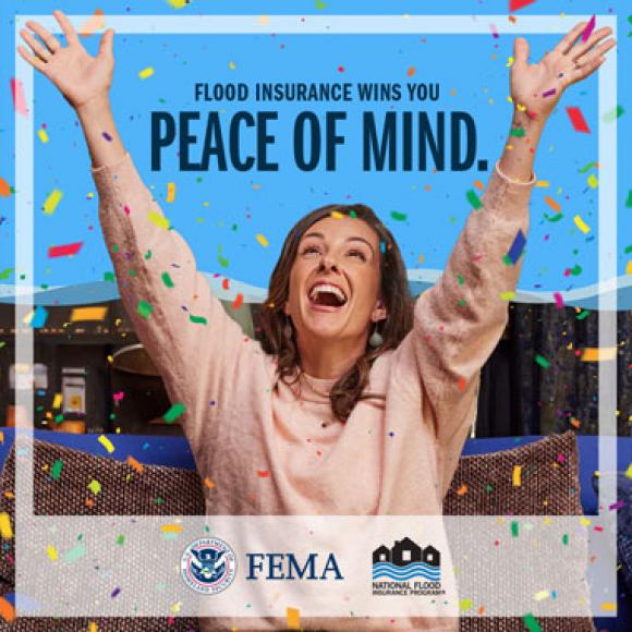Smiling woman with arms raised in celebration. Text: Flood insurance gives you peace of mind.