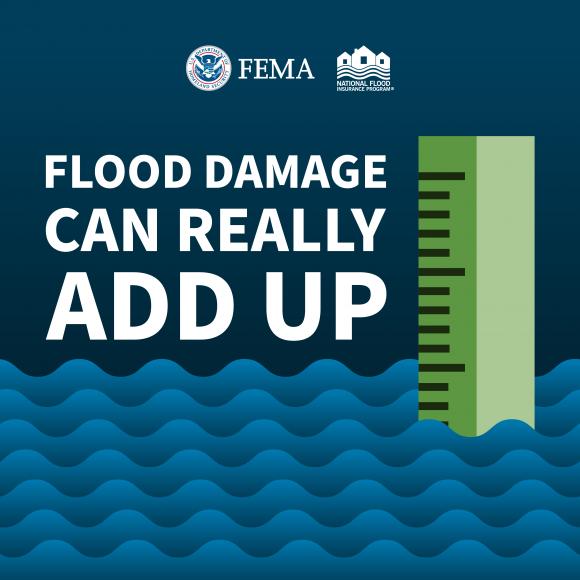 Ruler measuring flood water. Text: Flood damage can really add up. 
