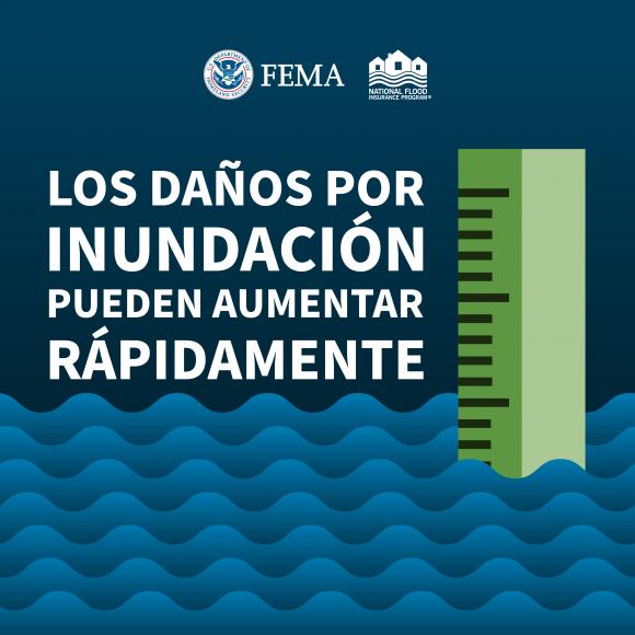 Regla que mide las aguas de inundación. Texto: Los danos por inundaciones. Pueden aumentar rapidamente