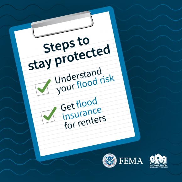 Clipboard with checklist. Text: Steps to stay protected. Understand your flood risk.