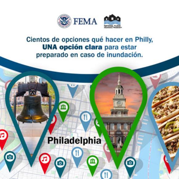 Callejero de Philadelphia. Texto: Cientos de opciones que hacer en el Philadelphia, UNA opcion clara para estar preparado en caso de inundacion.