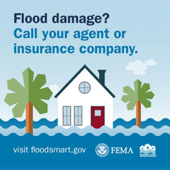 Beach house submerged in flood water. Text: Flood damage? Call your agent or insurance company.