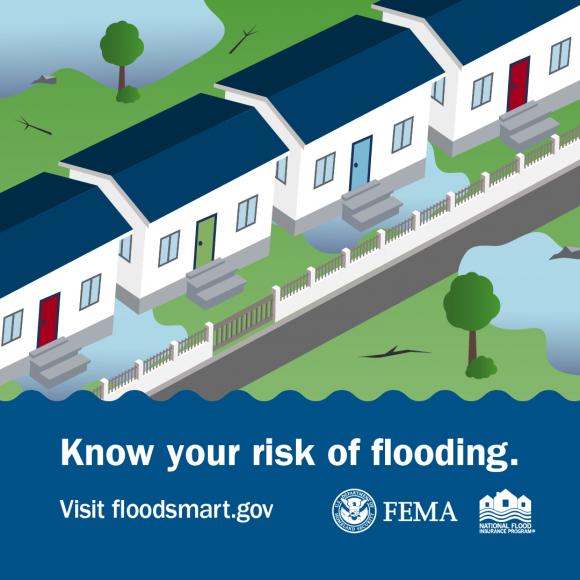 Row of white houses with blue roofs surrounded by floodwaters. Text: Know your risk of flooding