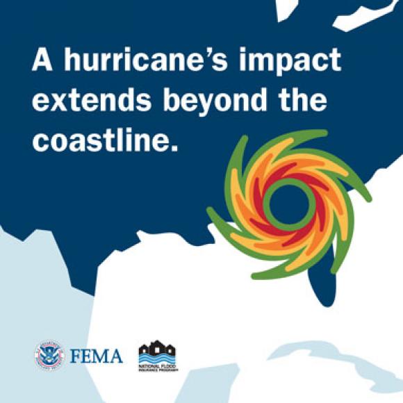 Graphic of the United States map in blue, featuring a hurricane symbol.