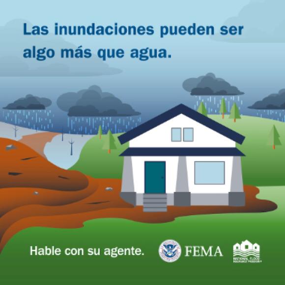 Una casa cerca de una zona inundada con lodo, mientras cae la lluvia y se ven nubes oscuras. El texto dice: Las inundaciones pueden ser algo más que agua.