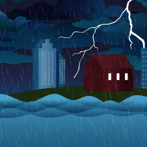 Illustrated suburban house on hill during storm, with flood waters rising around it