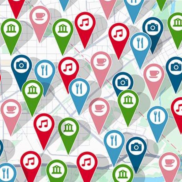 City street map covered in map markers for points of interest