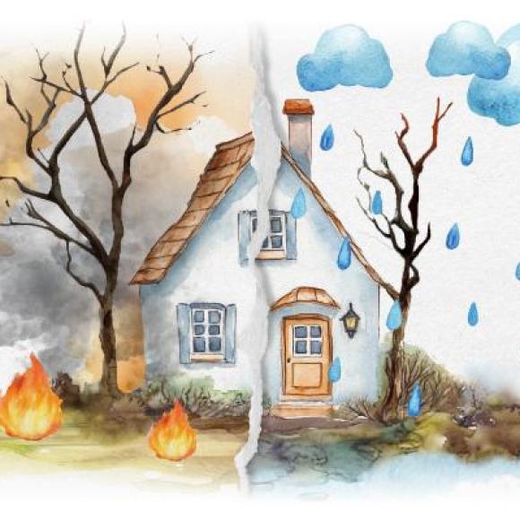 Sketch illustration of rain after wildfire near a house
