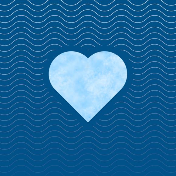 Graphic with blue waves pattern and a watercolor drawing of a heart in the center.
