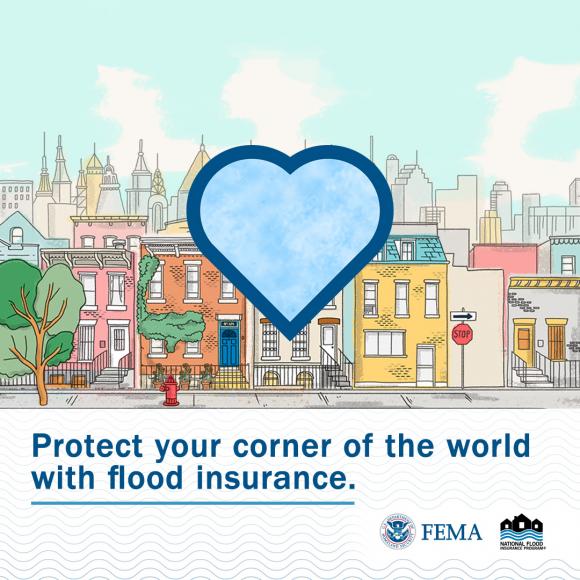 View of a city with clear skies, the text at the bottom reads: "Protect your corner of the world with flood insurance."