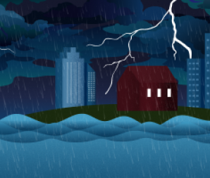 House in city suburbs near flooding river during thunderstorm