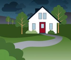Rainstorm over country house surrounded by forest