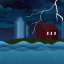 House in city suburbs near flooding river during thunderstorm