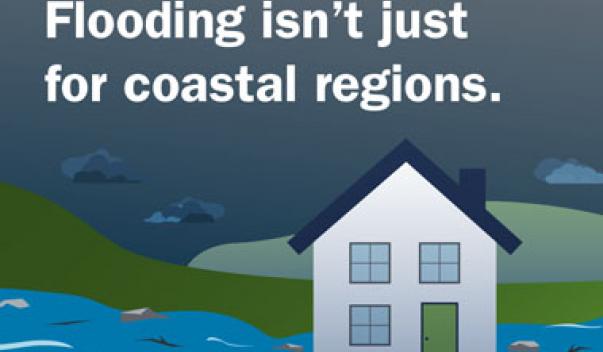 White House With Blue Roof Surrounded By Flooding Waters. Text: Flooding Isn't Just For Coastal Regions