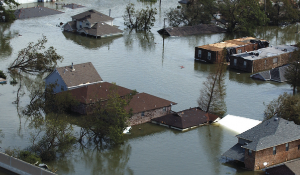 Aerial view of flooded neighborhood streets