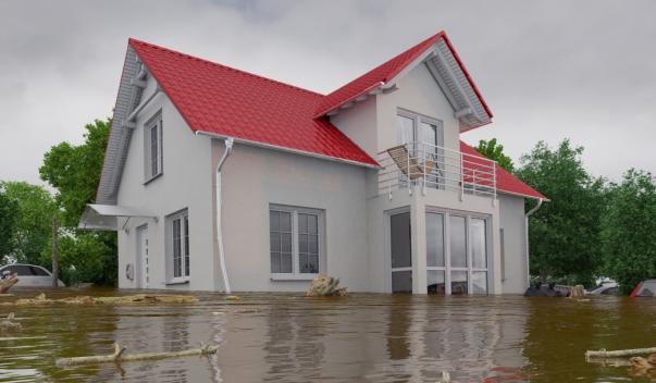 Flooded suburban house with red roof