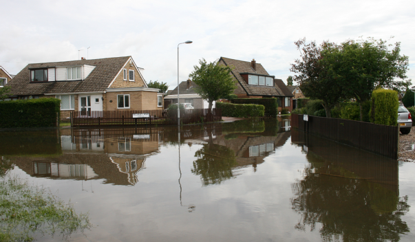 Flooded residential street after a storm