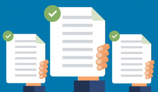 3 illustrated hands holding up documents with green checkmarks