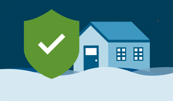 Illustrated flooded house, with green shield and checkmark