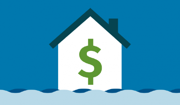 Illustrated house in rising flood water with dollar sign icon