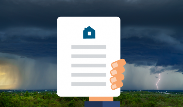 Illustrated hand holding up document, heavy storm in background