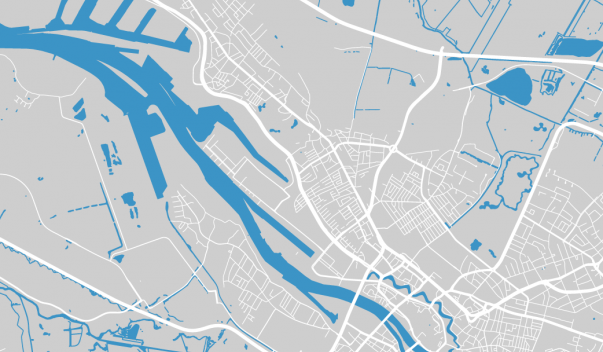 Gray city street map with blue rivers