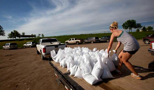 Woman tossing sandbags into back of truck