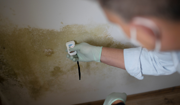 Worker inspecting moldy wall