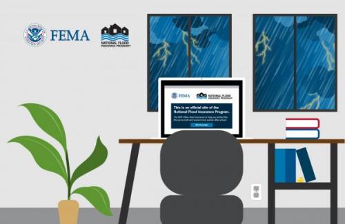 home office with the NFIP website on the home screen of the computer