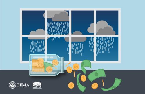 money jar opened with money pouring out and rain clouds in the windows